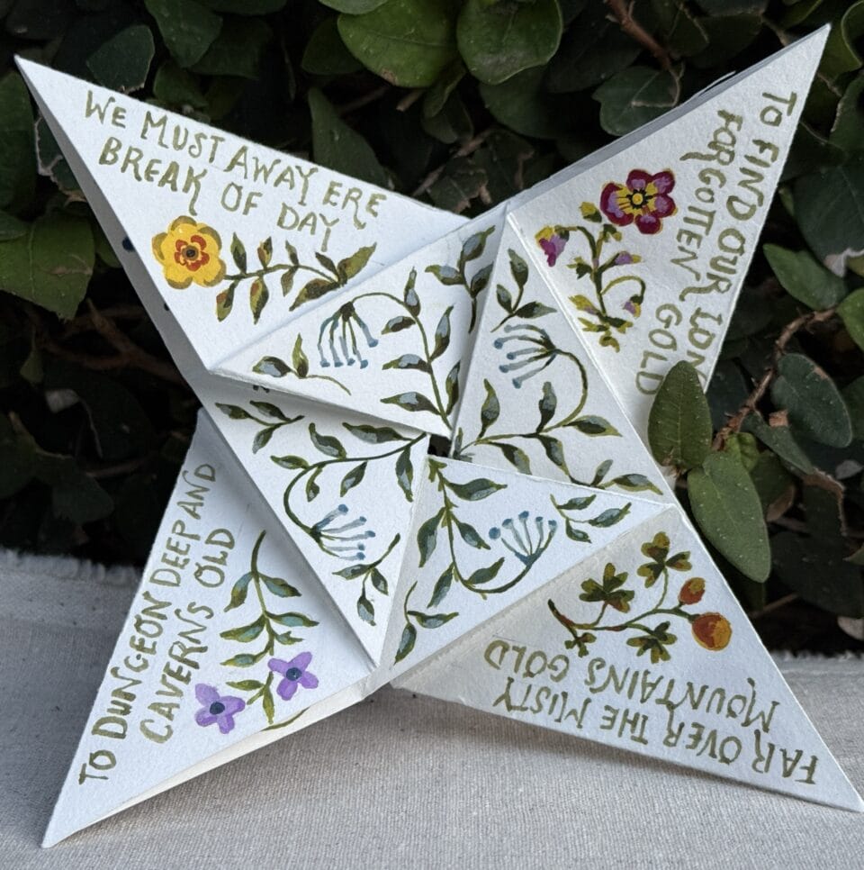 a folded, illustrated piece of paper that functions like a narrative that can be unfolded to reveal the message