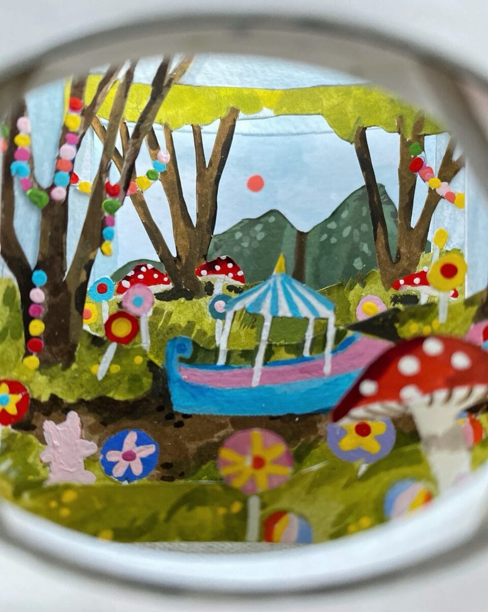 the inside of a tunnel book made with paper and watercolor, depicting a garden scene from Willy Wonka