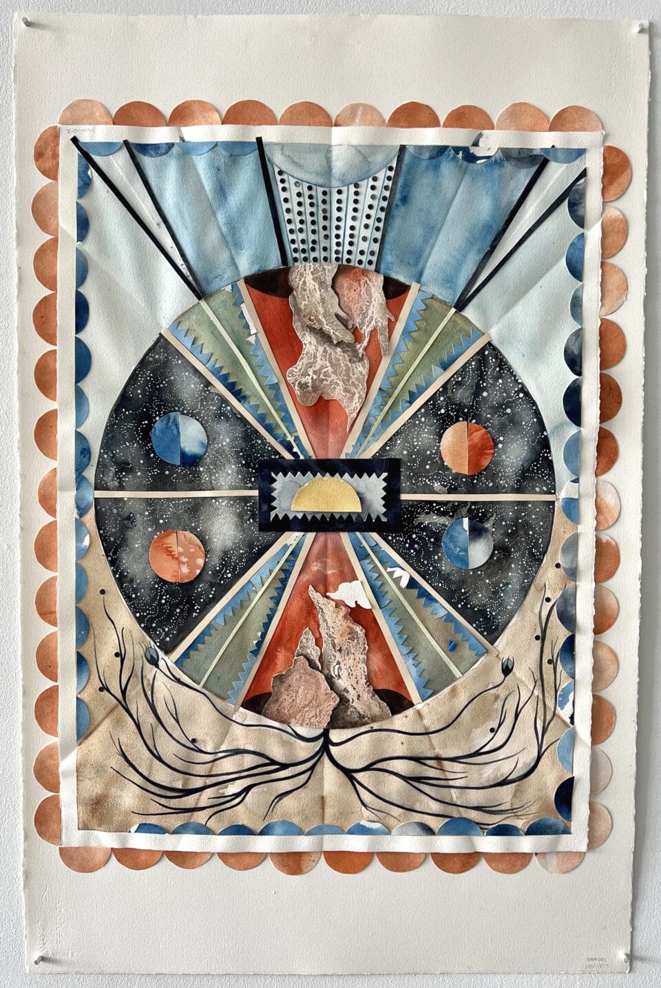 an abstract painted paper collage on paper with a dark circle in the middle and colorful rays intersecting and extending from it, surrounded by a scalloped border