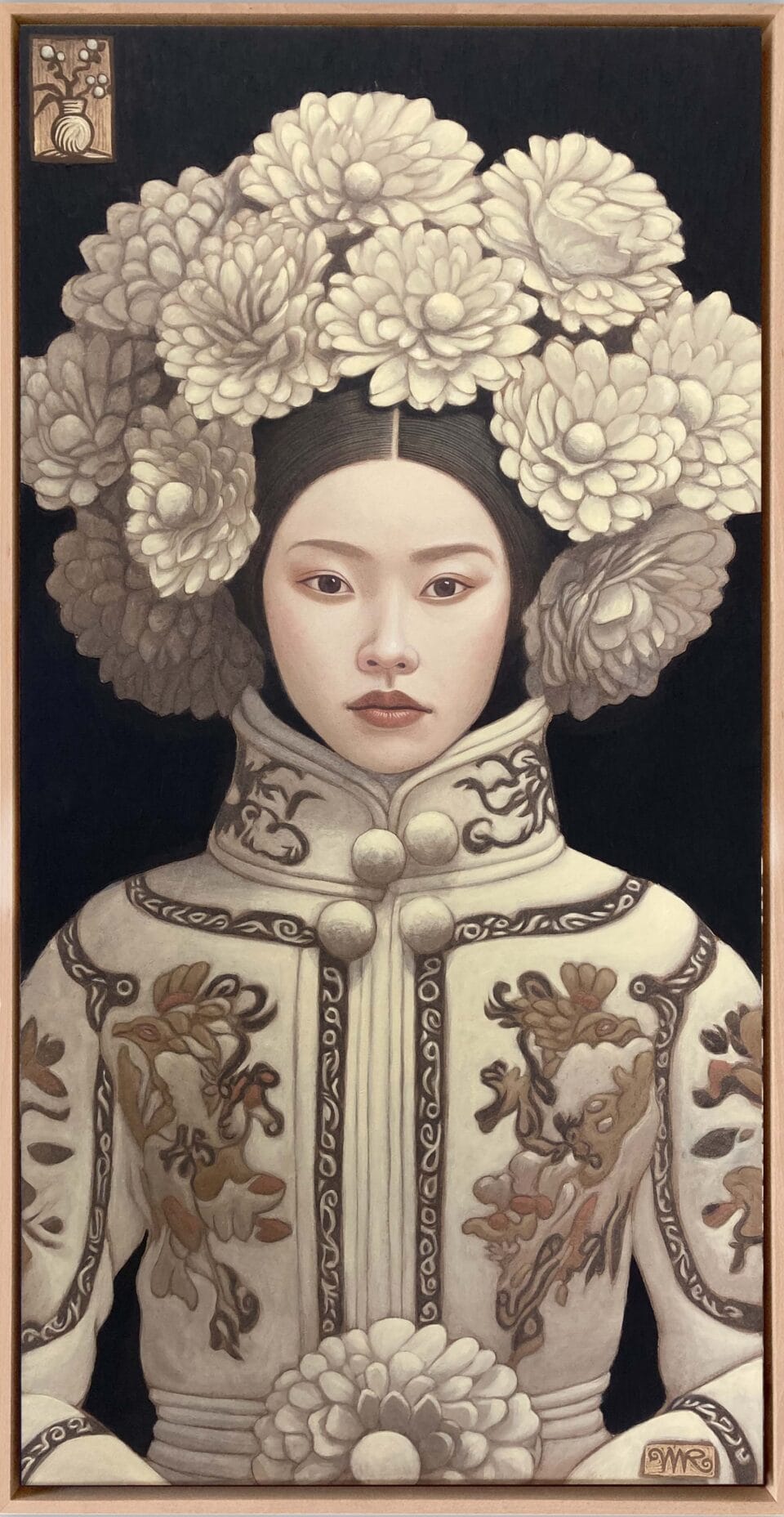 a combination woodcut and oil painting of a woman wearing a large headdress of white flowers and an ornate brocade garment against a black background